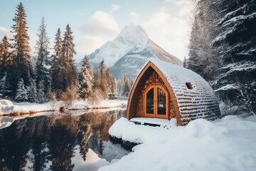 Winter landscape with cabin in lake and mountain view - obrazy, fototapety, plakaty