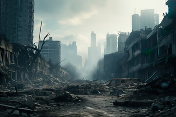 Dramatic scene of city destroyed by ruthless war