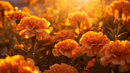 Marigolds glowing under the warmth of a setting sun.
