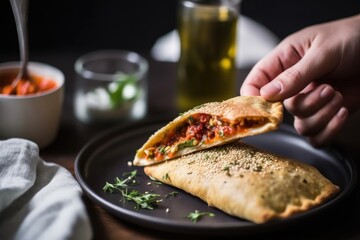 a hand with serving spoon, placing a piece of calzone onto a dish