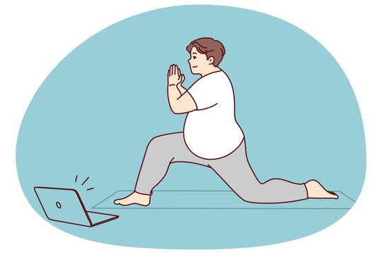 Fat man in sportswear training on mat with online video lesson on computer. Overweight male do sports exercise with classes on internet on laptop. Healthy life and weight loss. Vector illustration.