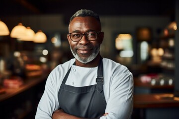 The man is a professional butcher. Profession concept. Portrait with selective focus and copy space