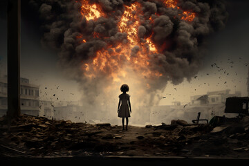 Fototapeta premium A little girl looks at her home that has been devastated by war