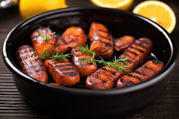 close-up of char-grilled octopus tentacles in a black ceramic bowl