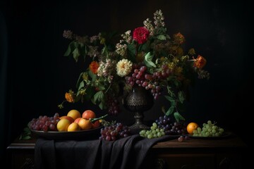 Obraz na płótnie Canvas Still life: vase, flowers, fruit, table, dark background, leaves, foreground flowers. Generative AI