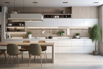 Blurred contemporary kitchen with desk and impressive furnishings. Generative AI