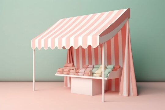A market stall with pink striped awning isolated on pastel color background. Generative AI