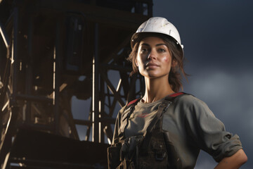 Female construction worker against dark background