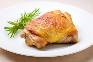 macro of chicken thigh fully cooked on a white plate