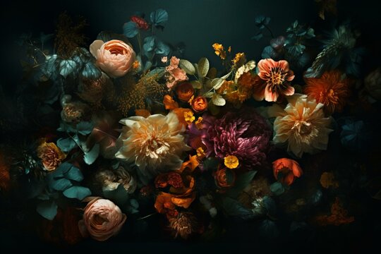 an image with flowers and metallic foliage. Generative AI © Orquidea