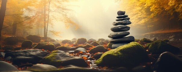 tower of zen stones in autumn forest on sunny day