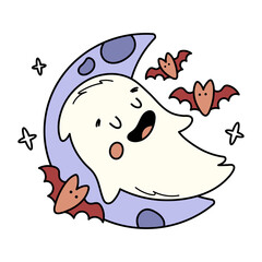 Cute happy ghost and bats flying against background of moon. Spooky Halloween hand drawn illustration. Clipart for greeting cards, stickers and party decorations.