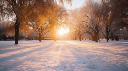 Golden sunbeams casting warm glows on the snowy ground
