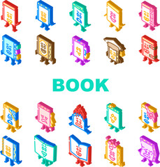 book character school icons set vector. study education, library, children, poster literature, girl notebook, student book character school isometric sign illustrations