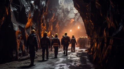 Group of workers walking through the dark tunnel