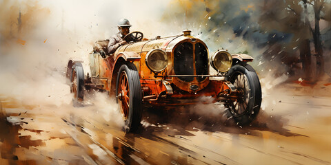 Vintage Racing Car in Stunning Watercolor - obrazy, fototapety, plakaty