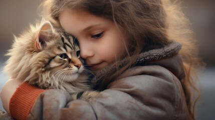 Heartwarming embrace. Girl is hugging a cat in hands