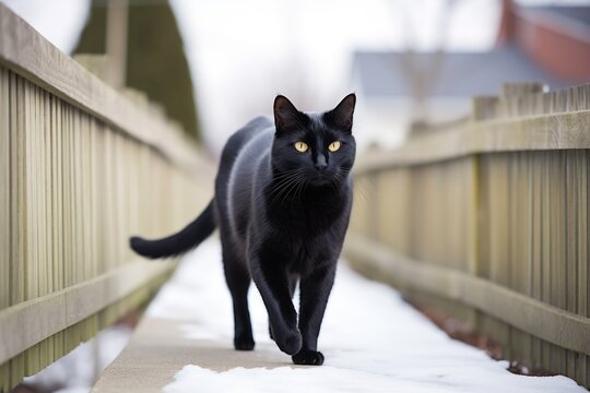 black cat walking on a white fence