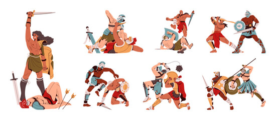 Roman gladiators set. Spartan soldiers, ancient warriors with weapon, blade. Muscular legionaries war on coliseum arena with sword, shield, spear. Flat isolated vector illustration on white background - obrazy, fototapety, plakaty