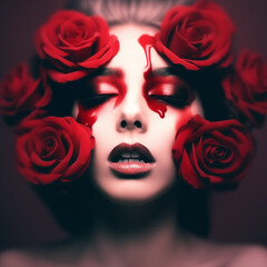 Portrait of a woman with red roses and red paint, beauty, pain