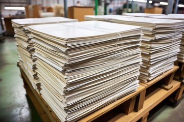 stacks of cookbook pages waiting to be bound - obrazy, fototapety, plakaty