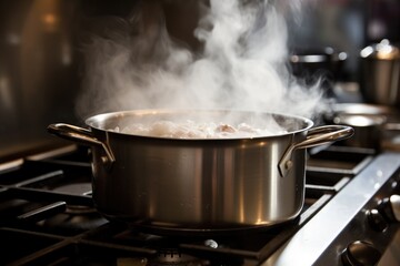 a boiling pot on the stove with steam rising