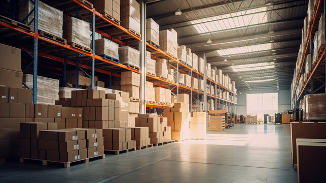 Large warehouse with numerous items in the row of boxes