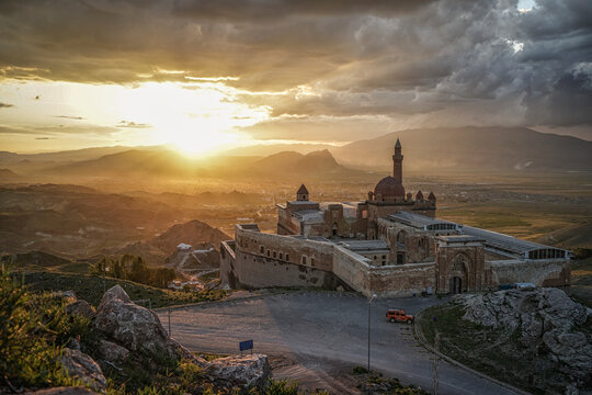 View of the Ishak Pasha Palace at sunset, a semi-ruined palace and administrative complex located in the Dogubeyazıt district of Agri province of eastern Turkey.