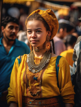 Young woman wearing traditional clothing and jewelry at a market in kathmandu, nepal rahul kumar gupta - nepal street photography.