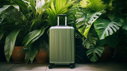 Luggage suitcase stands against green exotic leaves and plants - obrazy, fototapety, plakaty