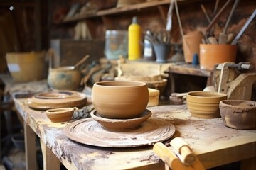 pottery wheel and clay at rustic workshop