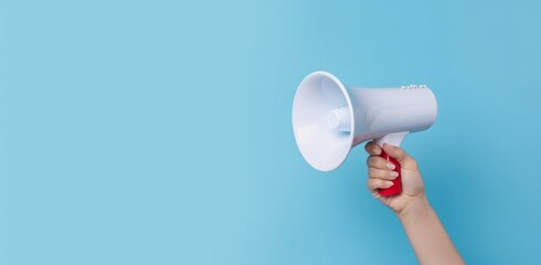 Female Hand Holding a White Megaphone Against Light Blue Wall with Copy Space