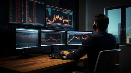 Male trader at work on a computer with multiple screens