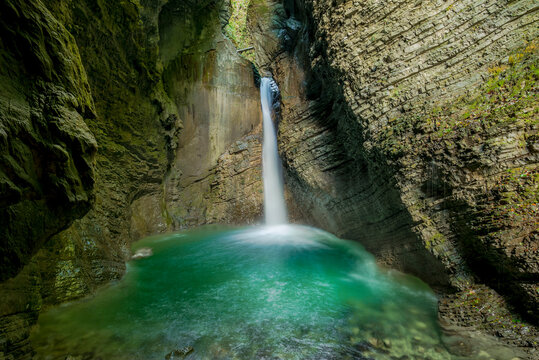 View of waterfall Kozjak in Kobarid, Slovenia.