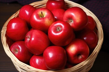 glossy red apples arranged neatly in a woven basket