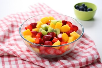a bowl of rainbow-colored fruit salad on a white tablecloth