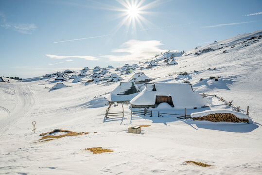 View of old houses in the village, Velika Planina, Kamnik, Slovenia.