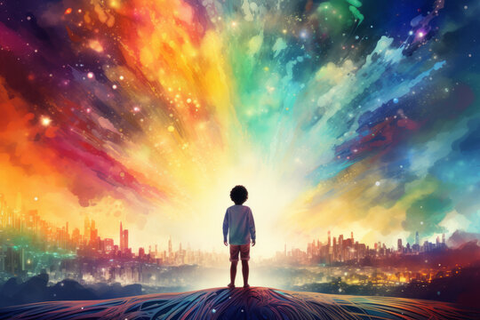 Child in rainbow colored imaginary world