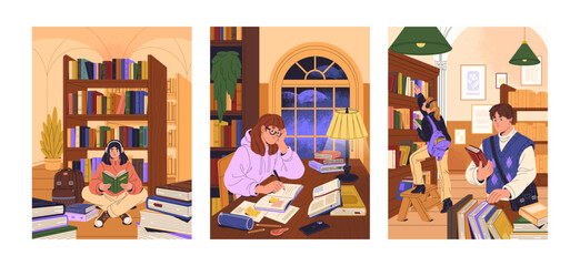 People reading in public library set. Student sitting, study between book pile, girl do homework, pupils search, choose learning literature in bookcase, bookshelves. Education flat vector illustration