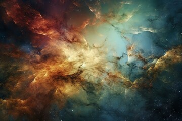 a space scene featuring a nebula and a galaxy filled with golden tones. Generative AI