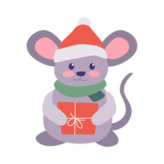 cute mouse wearing scarf and winter had holding christmas gift box present vector animal illustration design