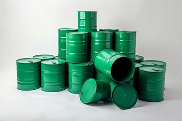 Arranged drums filled with eco-friendly biofuel in green color, placed together against a plain white backdrop. Generative AI