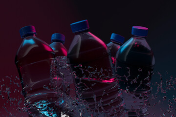 3D render of water swirling around plastic bottles