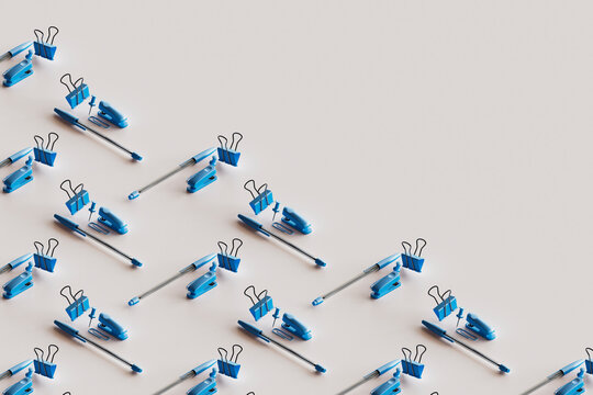 3D pattern of blue colored office supplies floating against white background