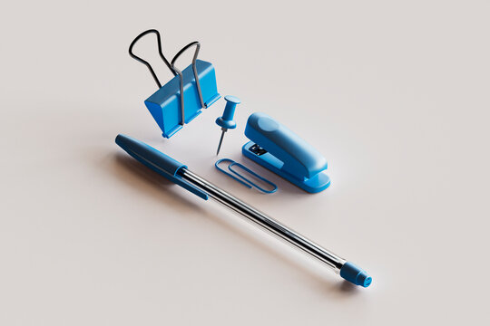 3D render of blue colored office supplies floating against white background