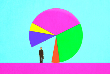 Illustration of businessman standing under empty segment of pie chart