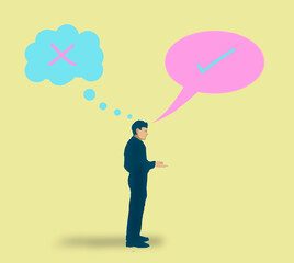 Thought and speech bubbles over conflicted man