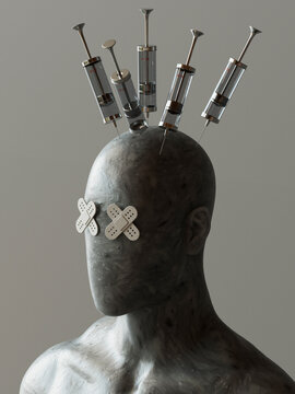Face of mannequin with band aid eyes and syringes in head against gray background