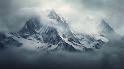 Rugged mountain peaks dusted with snow, piercing through a blanket of clouds.