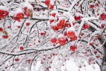 red apples clinging to a tree during a snowstorm